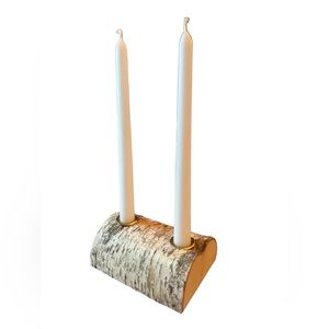 Half Birch Log 2-Pillar Winter Candleholder w/Brass Holder Inserts, EUC